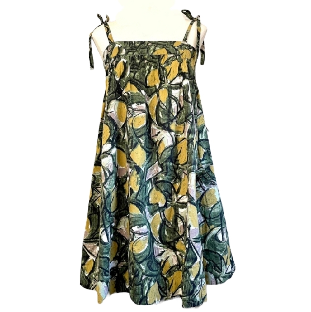 Anthropologie “Fei” Green Yellow Black Tie Shoulder fruit print Dress Size 0